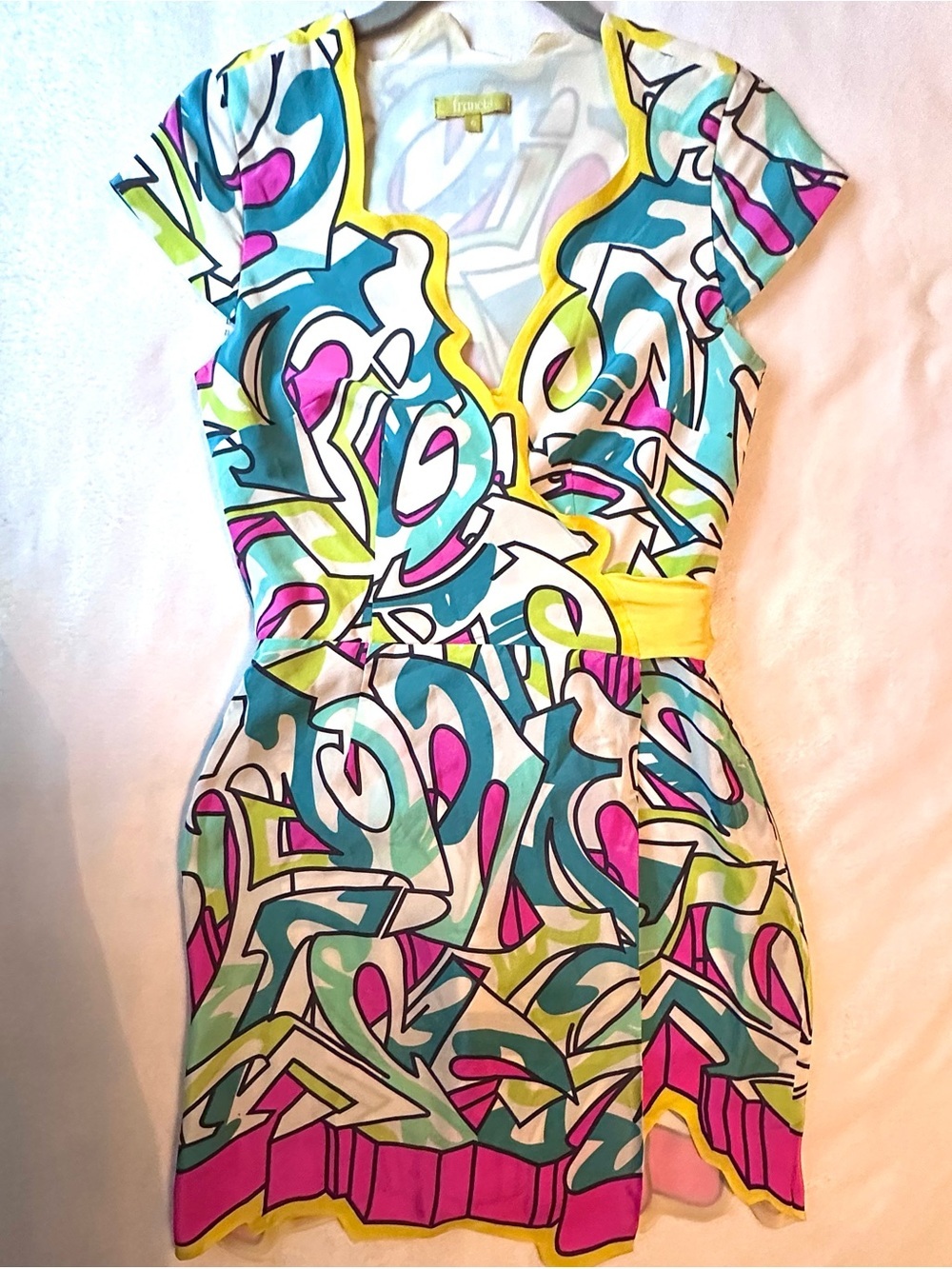 Francis by Christian Francis Retro Colorful Abstract Silk Wrap Mini Dress 0